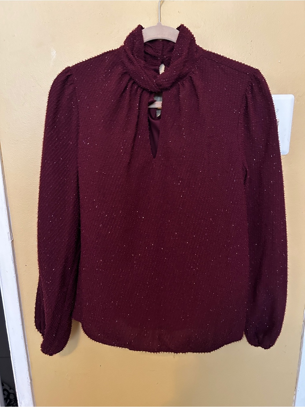 Nine West Burgundy Sparkle Tie-Neck Blouse